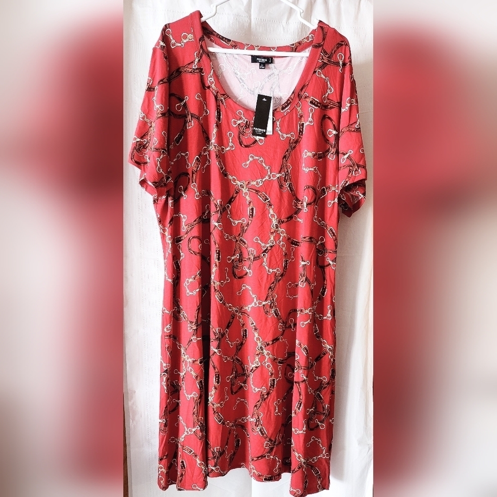 Premise Women's Red Pull-Over Chain Print Short Sleeve T-shirt Dress Sz 3XL NWT